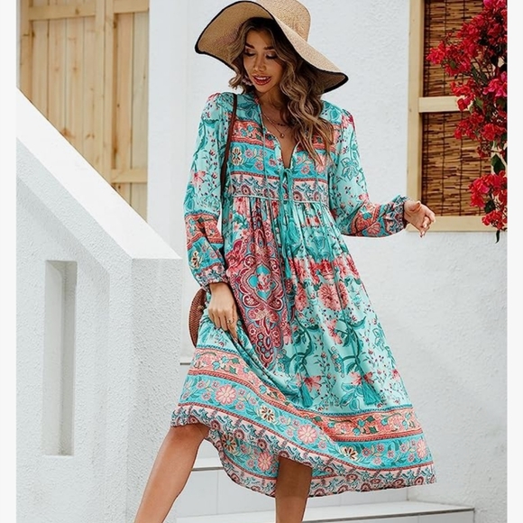 Floral Bohemian Midi Dress - Teal and Red - Picture 15 of 15